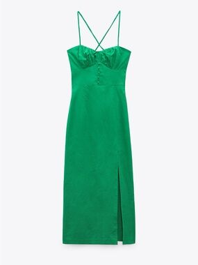 Zara Emerald Green Spaghetti Strap Midi Dress with Slit